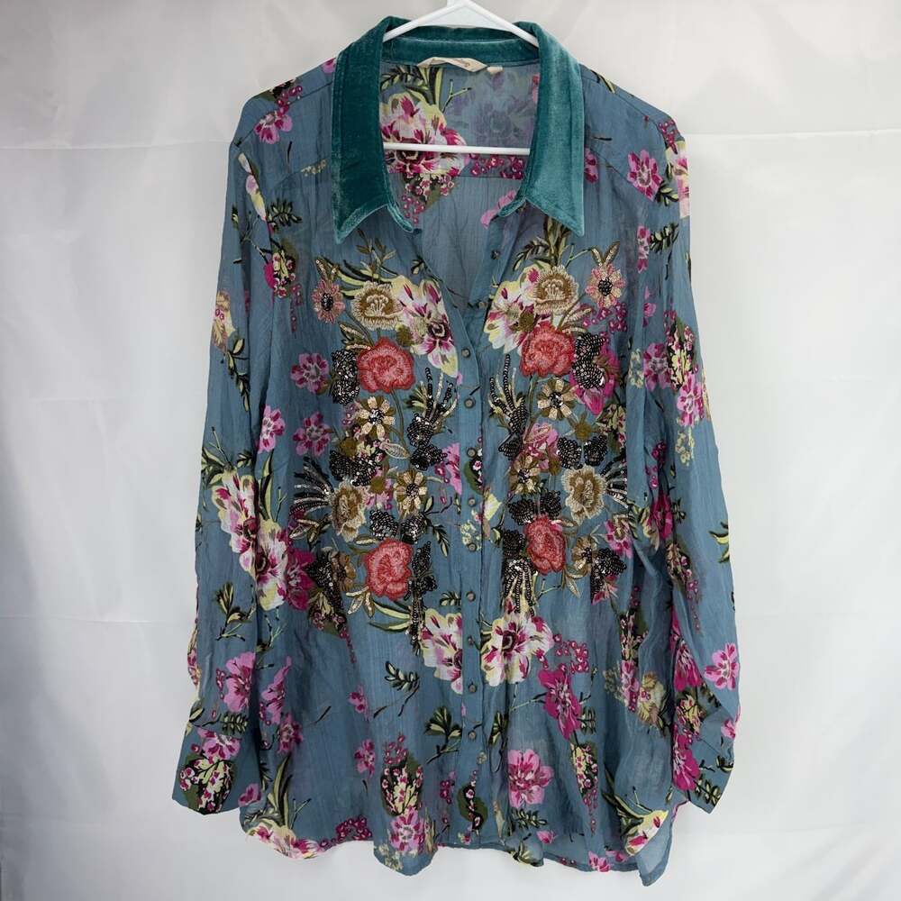 Soft Surroundings Women 3X Floral Embroidered Tunic Top Sequin Green Sheer Shirt